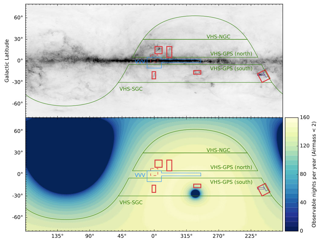 Sky chart showing the overlap of VISIONS with previous VISTA public surveys, and the observability diagram for Paranal